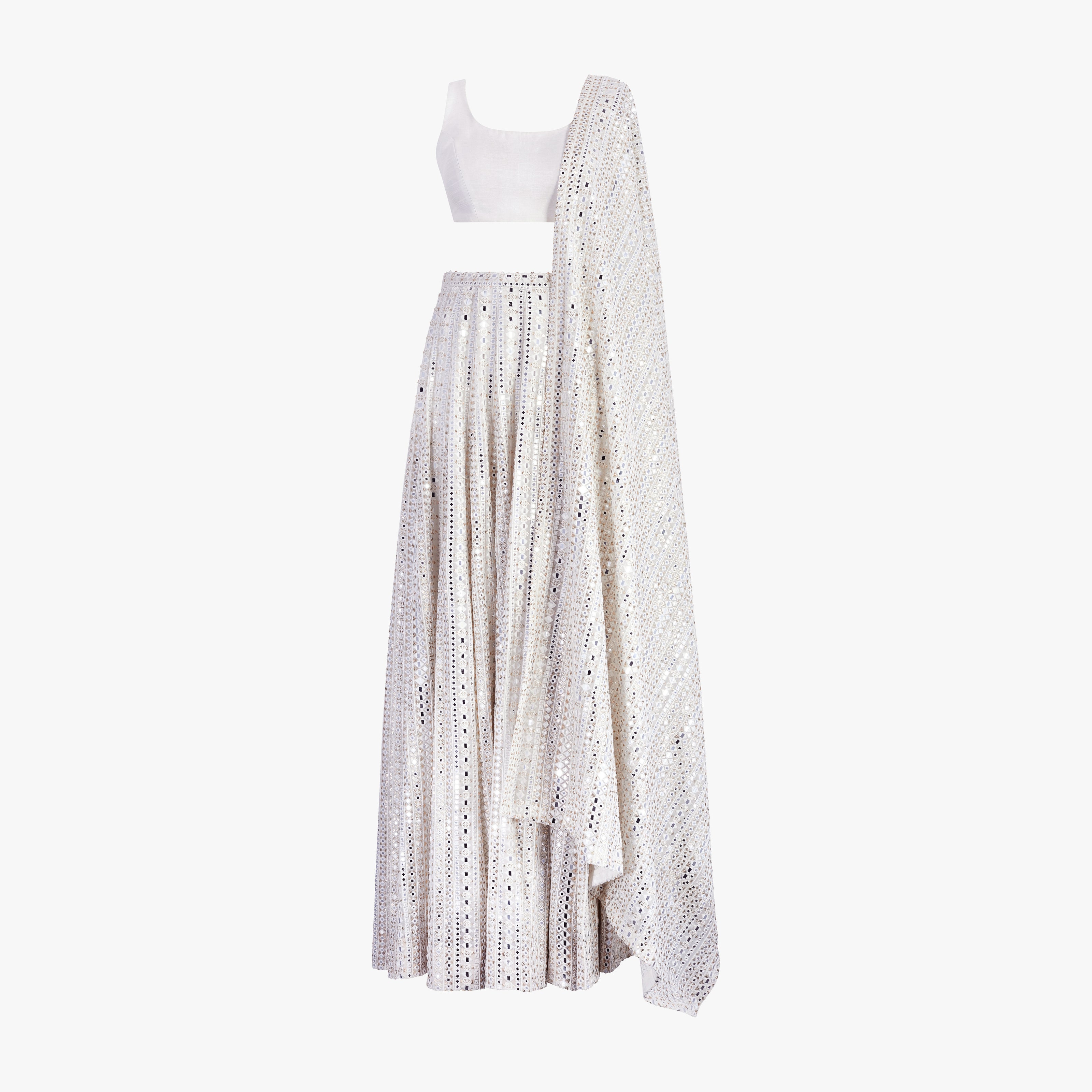 Serene made-to-measure mirror lehenga set by Shenena Sethi with mirror dupatta and plain blouse