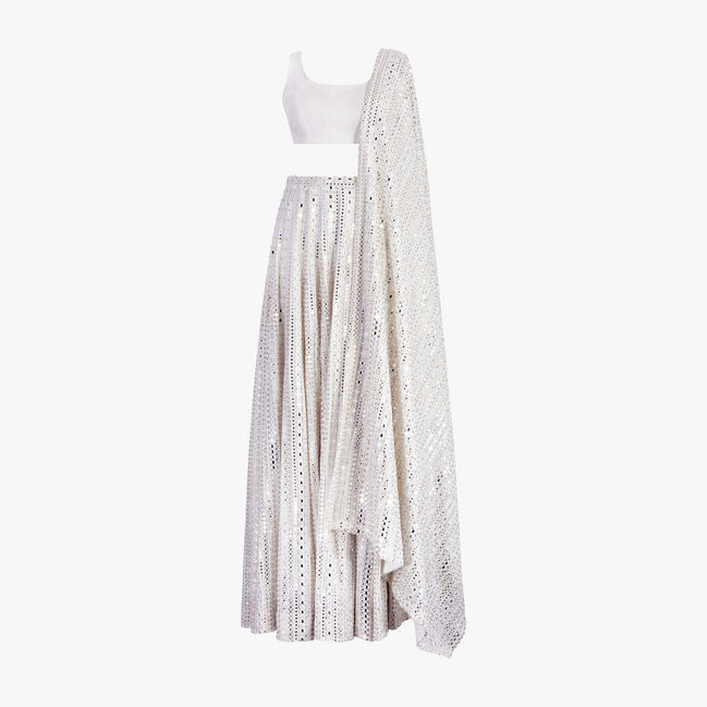 Serene made-to-measure mirror lehenga set by Shenena Sethi with mirror dupatta and plain blouse