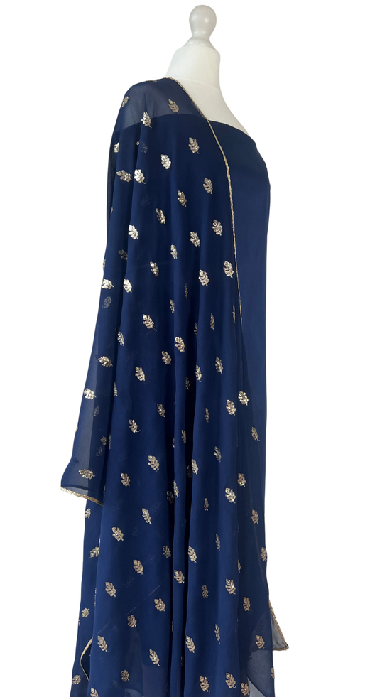 Navy blue unstitched kameez set fabric with gold embroidery on georgette dupatta, designed by Shenena Sethi
