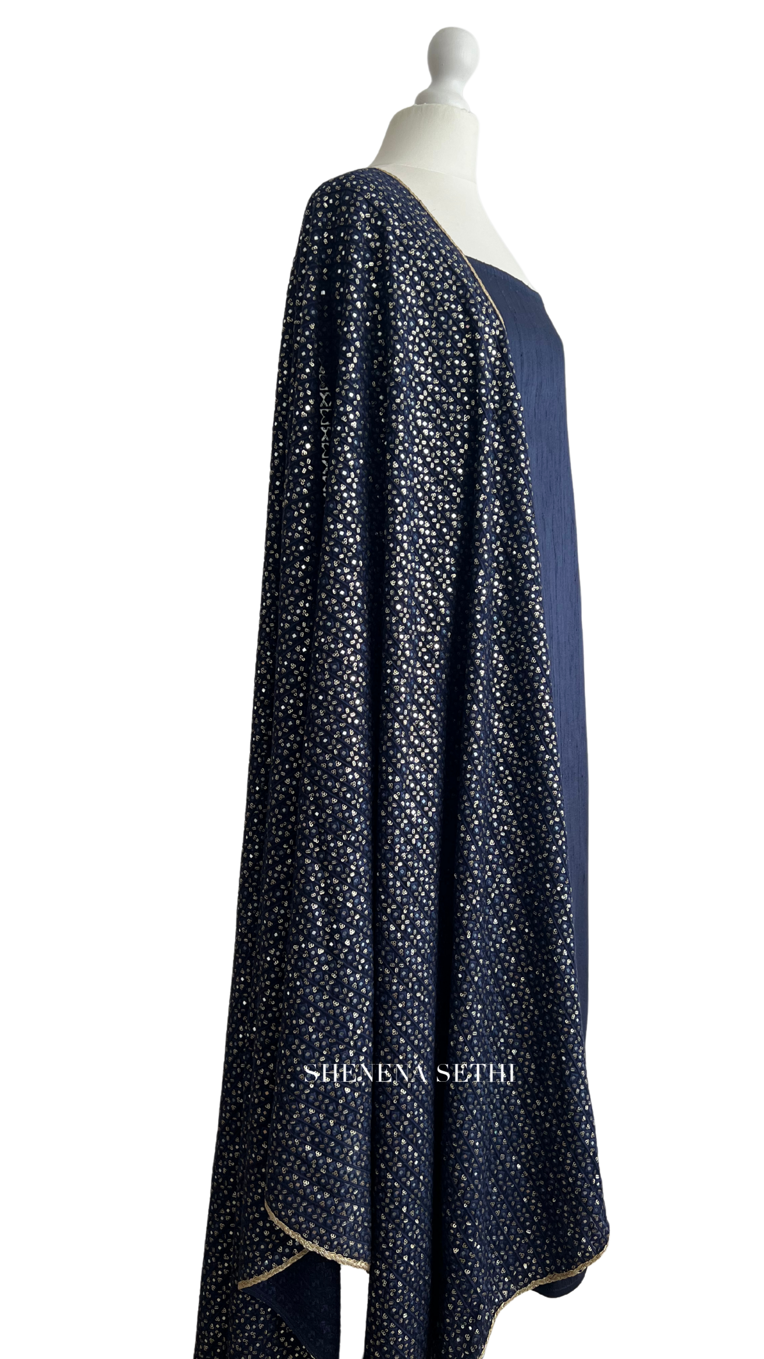 Navy blue semi raw silk kameez with mirror dupatta and lycra pajami