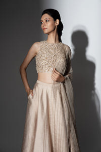 Shenena Sethi semi raw silk lehenga with hand embroidered dupatta and blouse